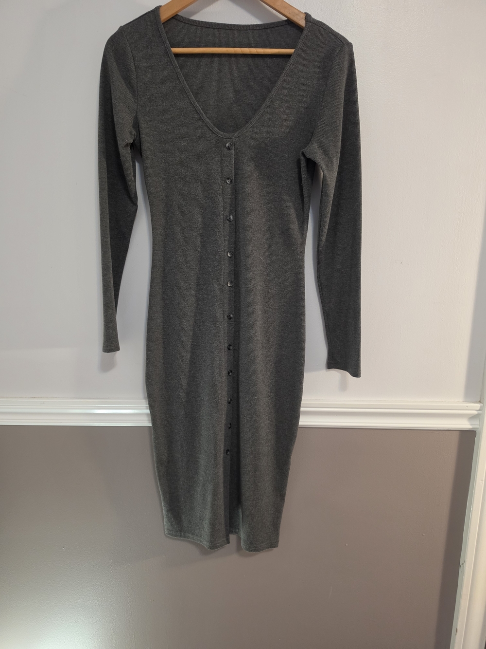 Long-Sleeve Charcoal Button-Front Midi Dress